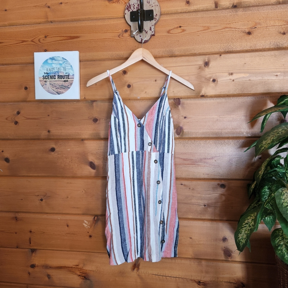 J Is For Justify 💜 Linen‎ Blend Striped Sun Dress Shirred Multi Buttons Small